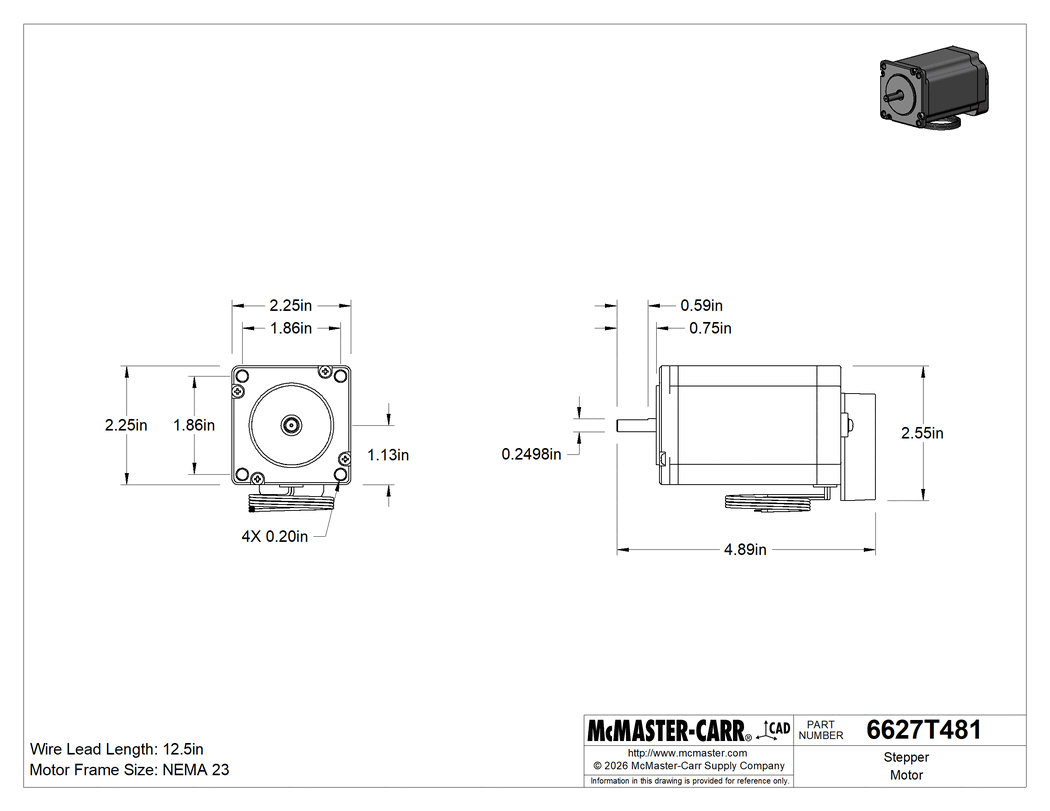 Technical Drawing of Stepper Motor, with Encoder, NEMA 23, 600.4 in.-oz. Maximum Holding Torque.